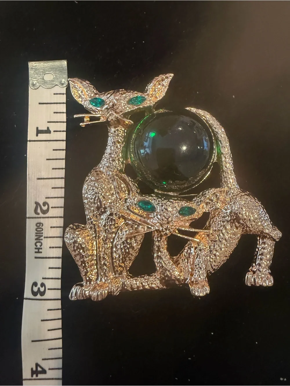 LARGE Vintage Gold Cat Brooch with Emerald Green Accents. Kitschy Anthropomorphi